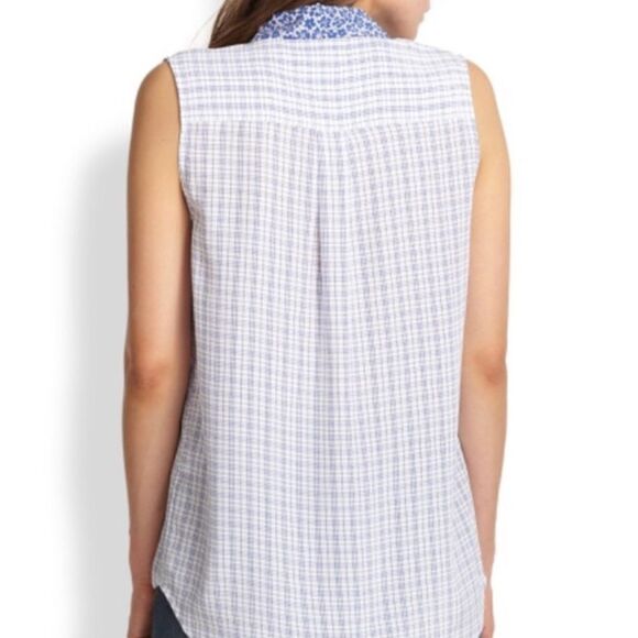 🧡 Equipment Silk Button Down Top in Blue and White with Blue Floral Collar - Picture 2 of 8